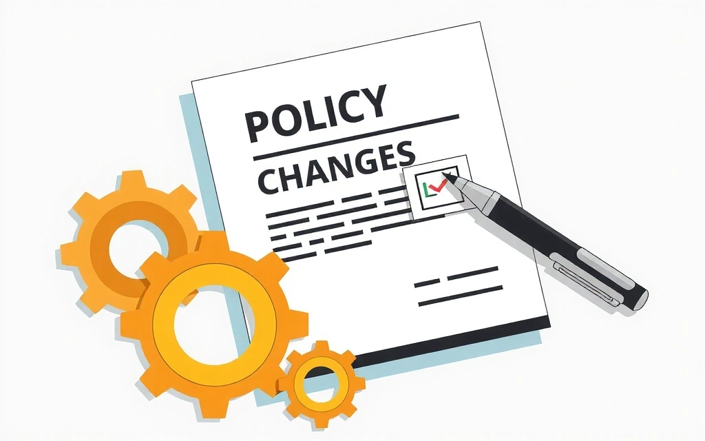 Illustration of a document being updated with a pen, surrounded by gears, symbolizing policy changes and legal updates